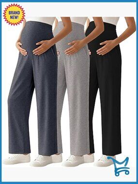Maternity Lounge Palazzo Pants Over Belly Wide Leg with Pockets 3-Pack